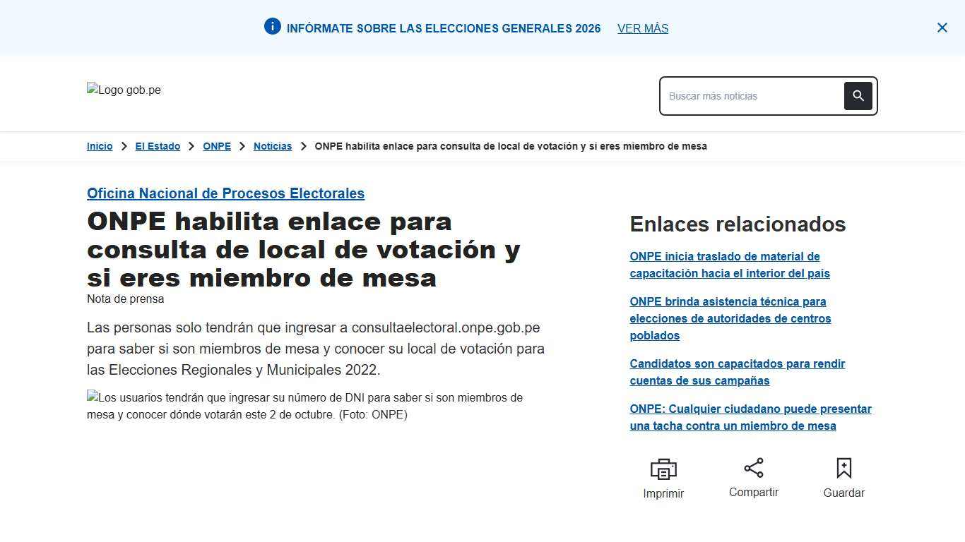 ONPE habilita enlace para consulta de local de votación y si eres miembro de mesa - Noticias - Oficina Nacional de Procesos Electorales - Plataforma del Estado Peruano
